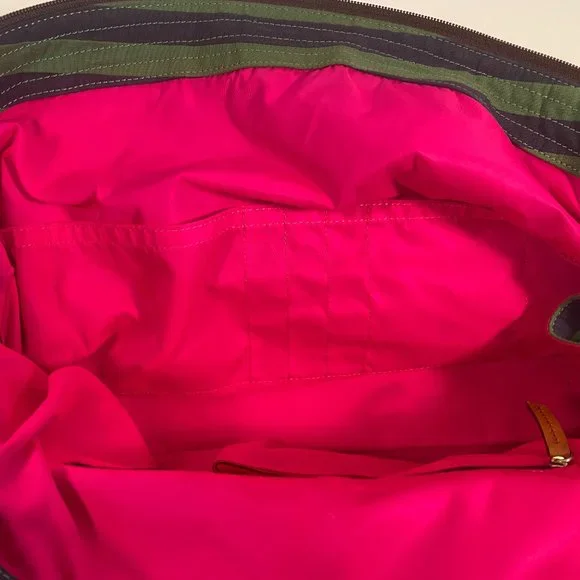 Dooney & Bourke Green Blue Striped Fabric Brown Leather Strap Large Tote Bag - Picture 8 of 10